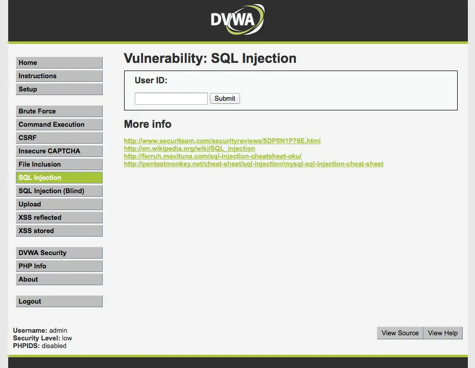 DVWAのSQL Injectionページ
