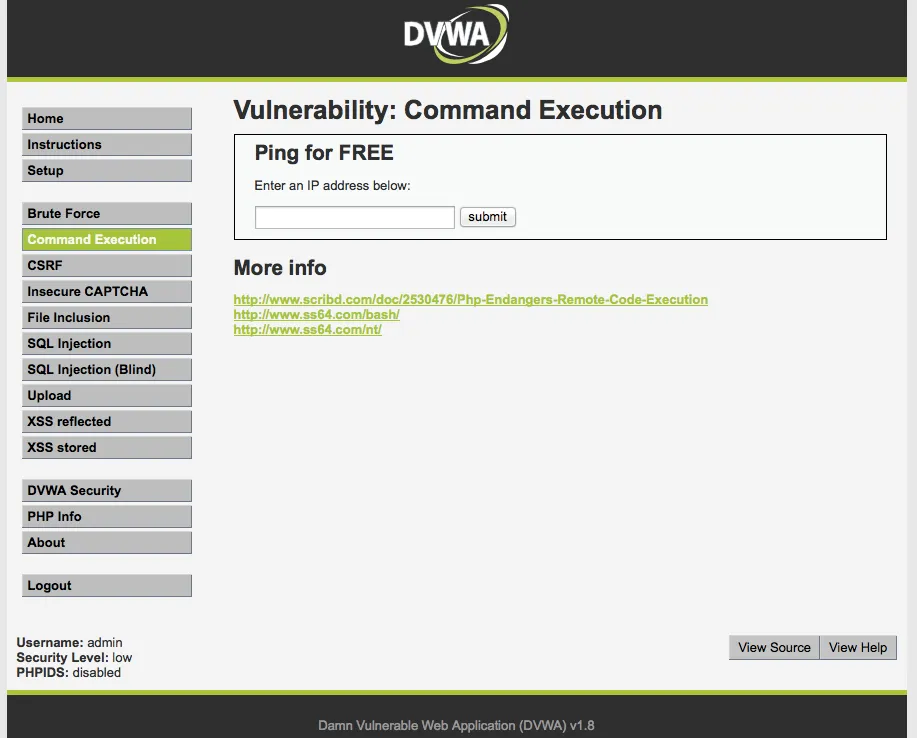 DVWAのCommand Executionページ